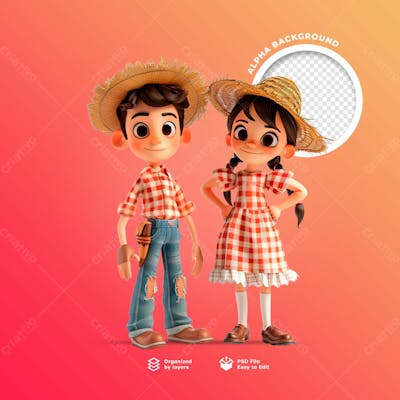 Personagens Animados Em 3D Para O Festival Junino Usando Chapéus De Palha
