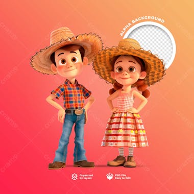 Personagens animados em 3d para o festival junino usando chapéus de palha