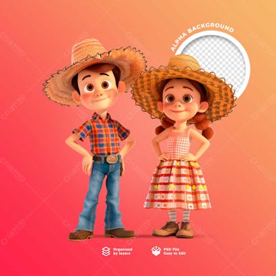 Personagens Animados Em 3D Para O Festival Junino Usando Chapéus De Palha