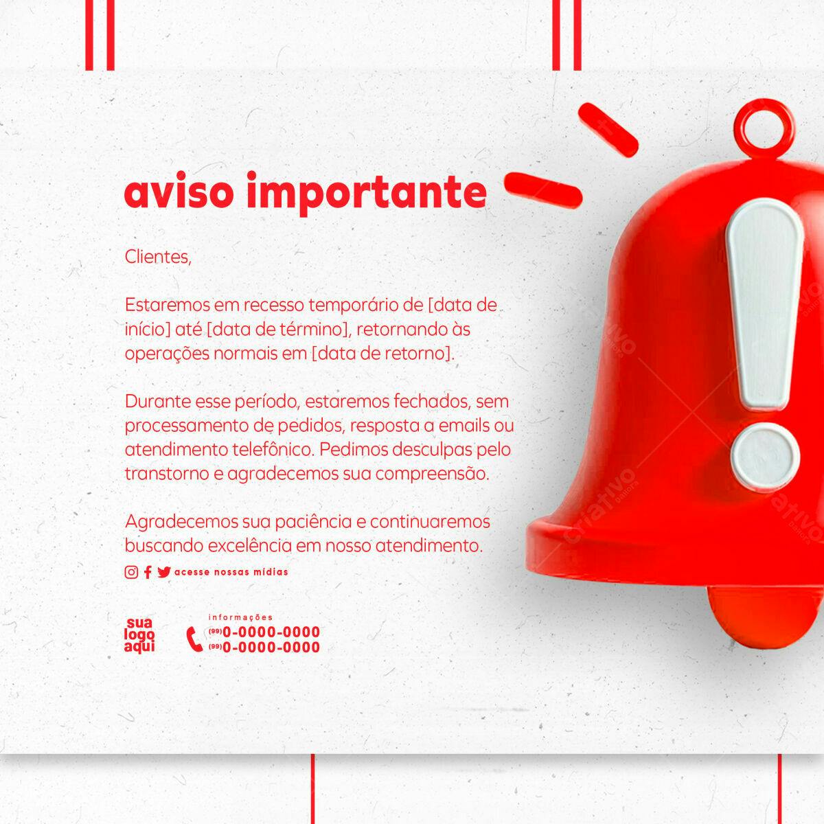Aviso de Recesso Temporário PSD Editável