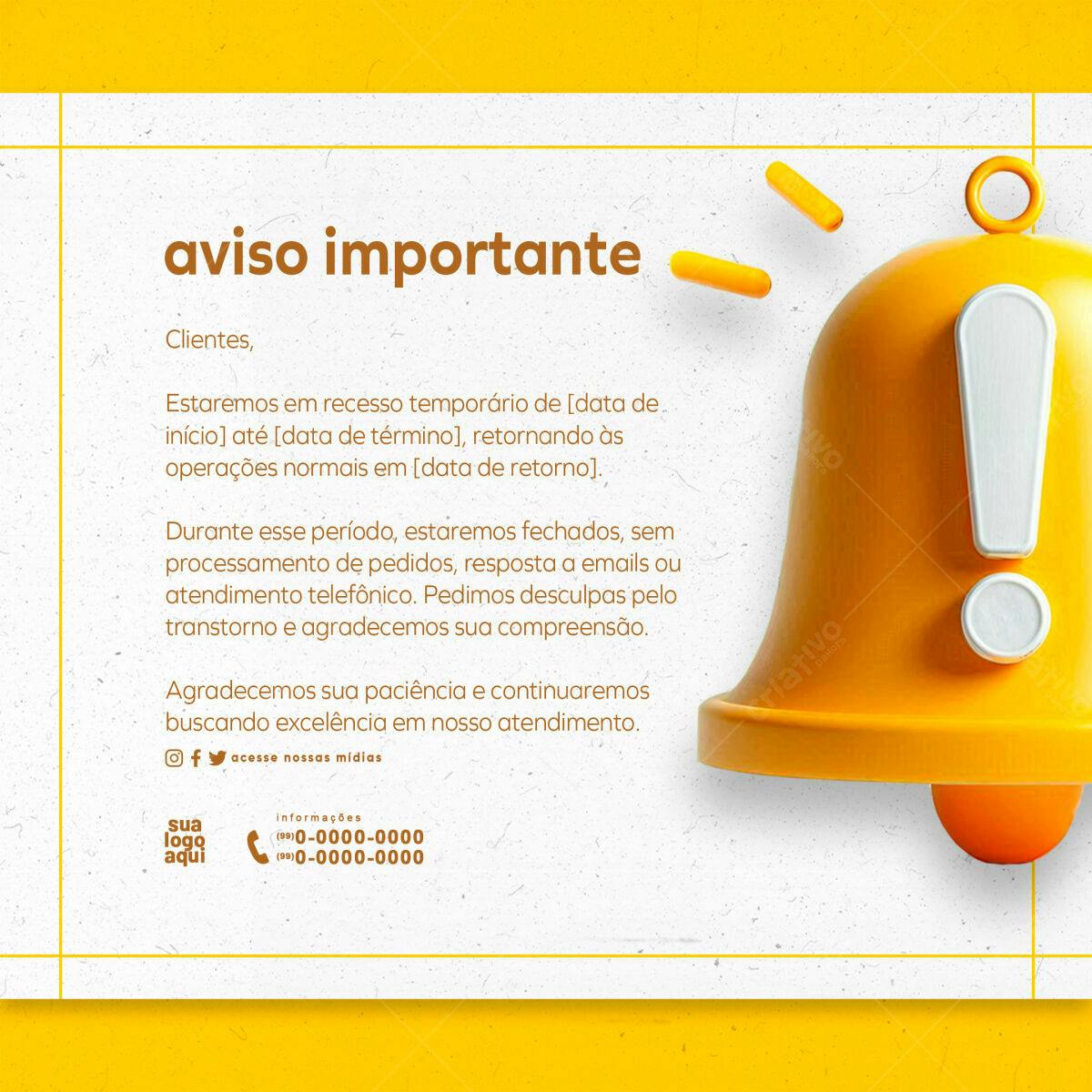 Aviso de Recesso Temporário PSD Editável