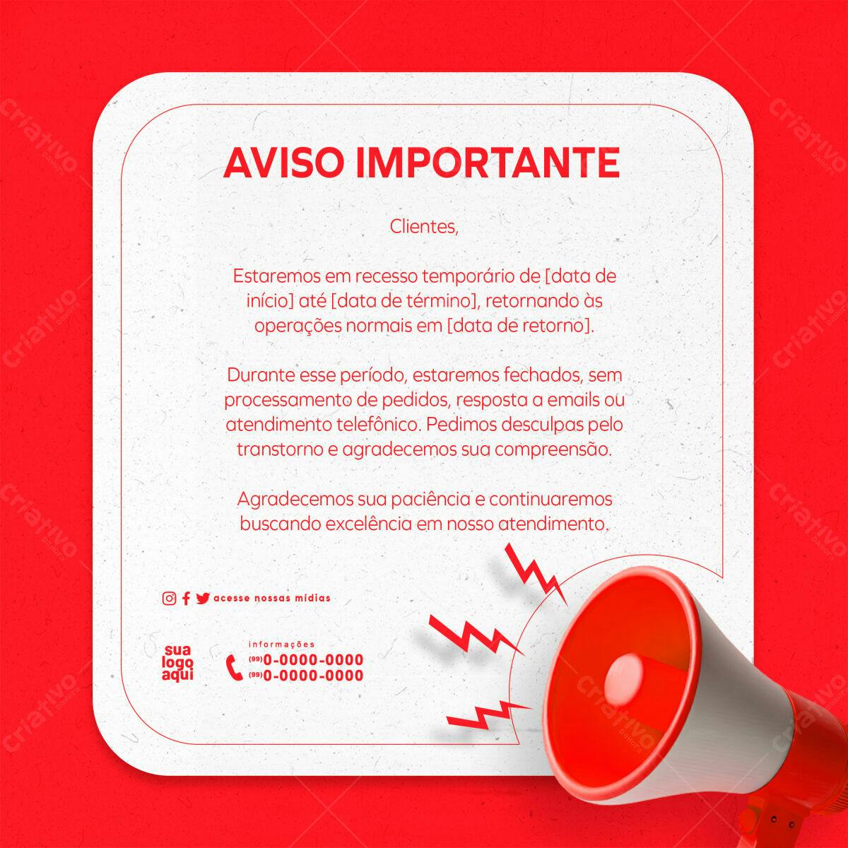 Aviso Importante Recesso Temporário PSD Editável