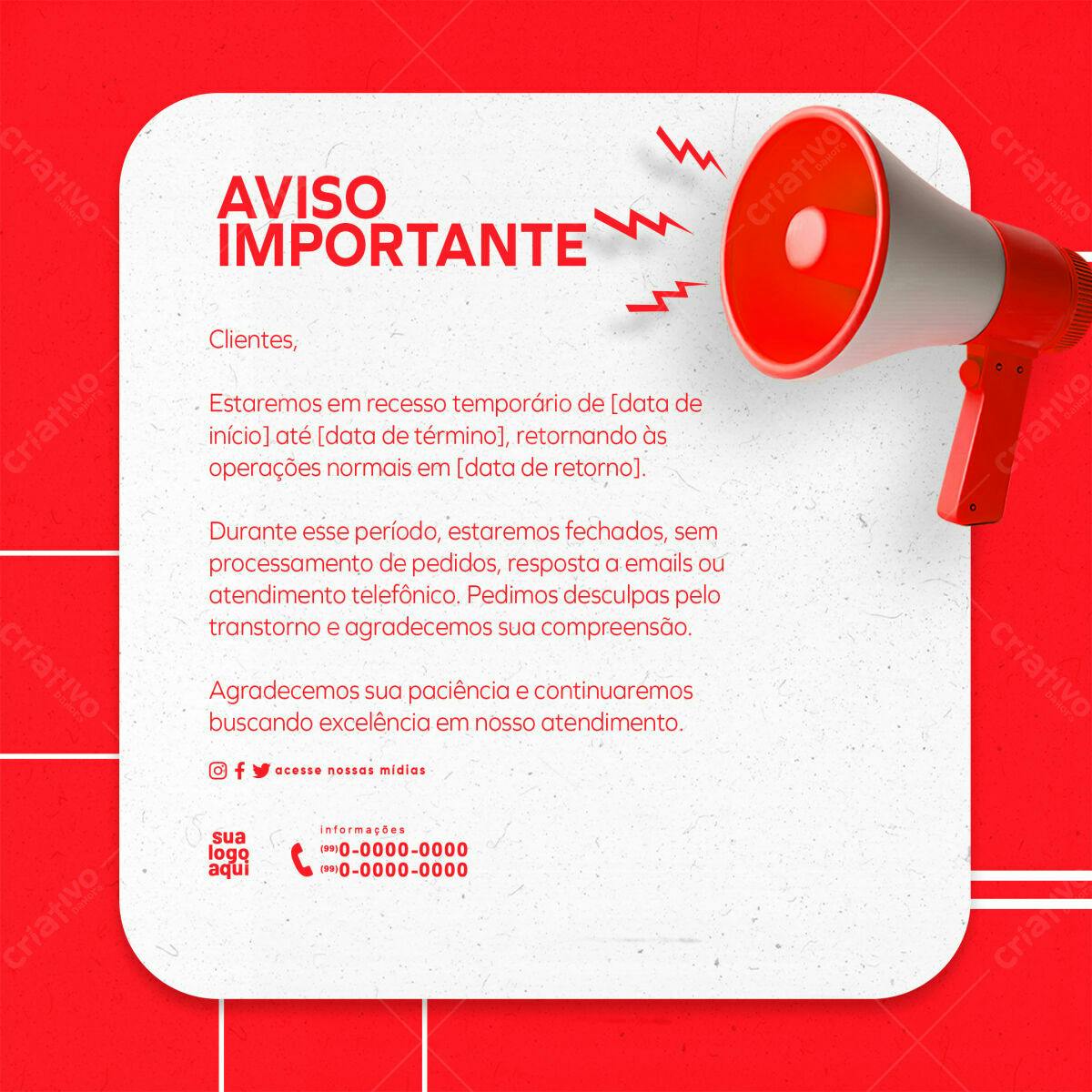 Postagem Redes Sociais Recesso Temporário PSD Editável