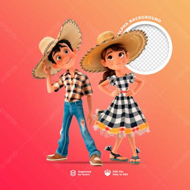 Personagens animados em 3d para o festival junino usando chapéus de palha