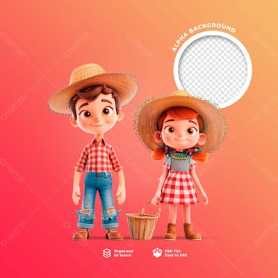 Personagens Animados Em 3D Para O Festival Junino Usando Chapéus De Palha