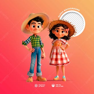 Personagens animados em 3d para o festival junino usando chapéus de palha