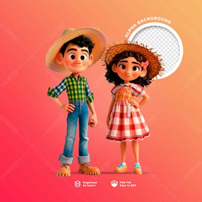 Personagens Animados Em 3D Para O Festival Junino Usando Chapéus De Palha