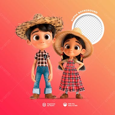 Personagens animados em 3d para o festival junino usando chapéus de palha