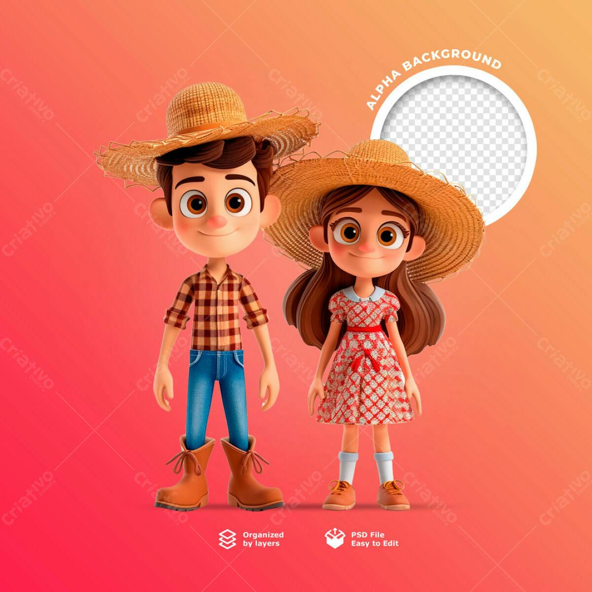 Personagens Animados Festa Junina PSD Editável
