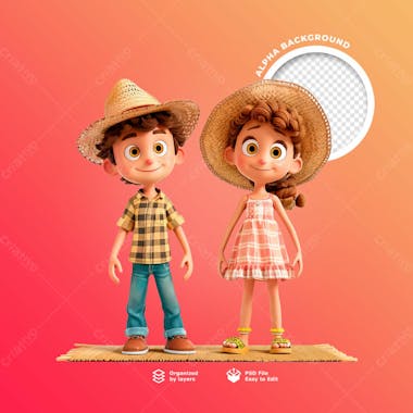 Personagens animados em 3d para o festival junino usando chapéus de palha