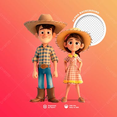 Personagens animados em 3d para o festival junino usando chapéus de palha