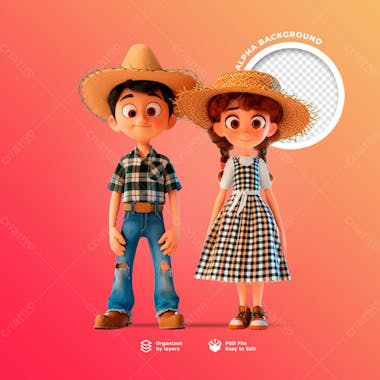 Personagens animados em 3d para o festival junino usando chapéus de palha