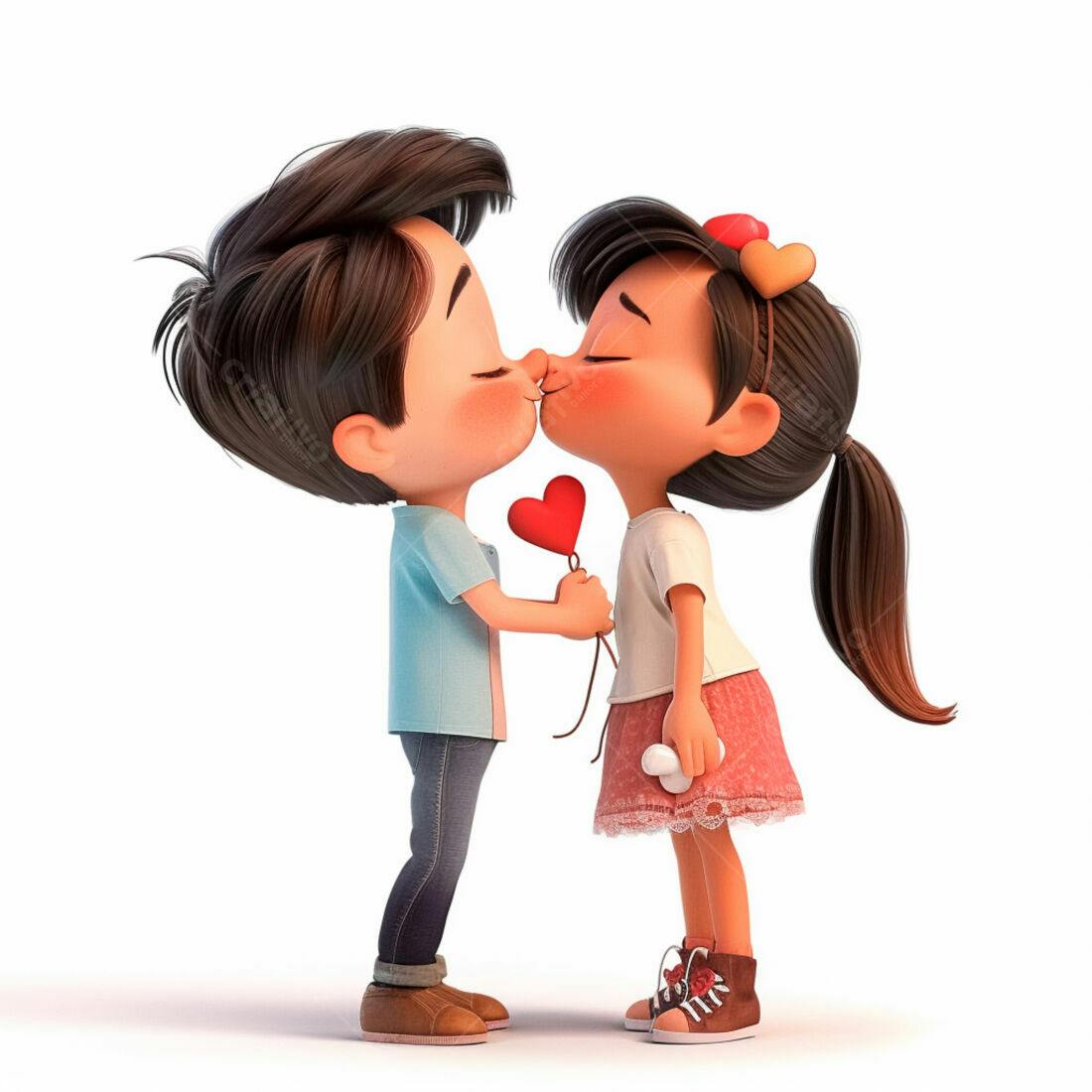 Casal animado se beijando com balão em formato de coração