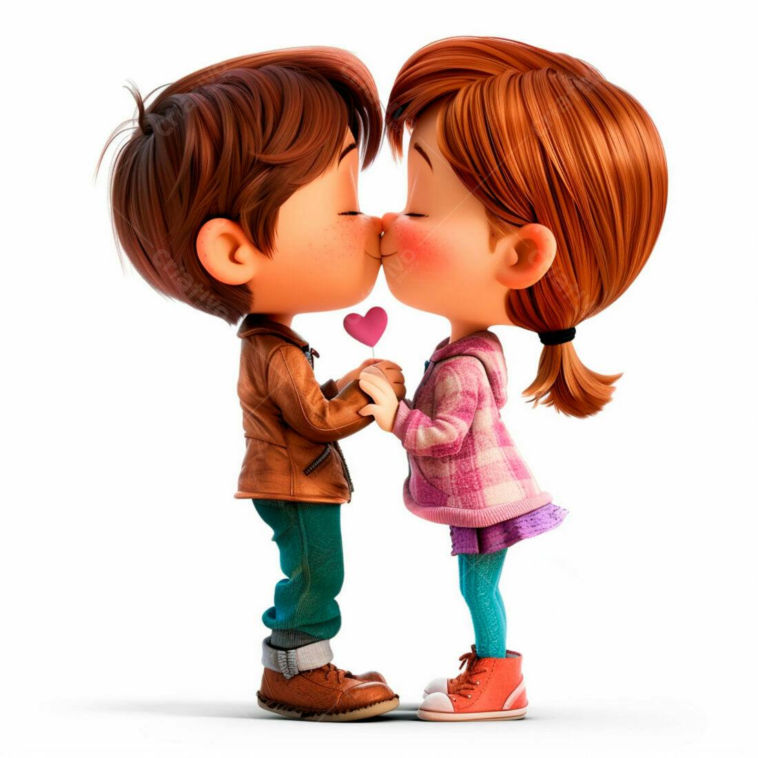 Menino e menina se beijando com pirulito em forma de coração
