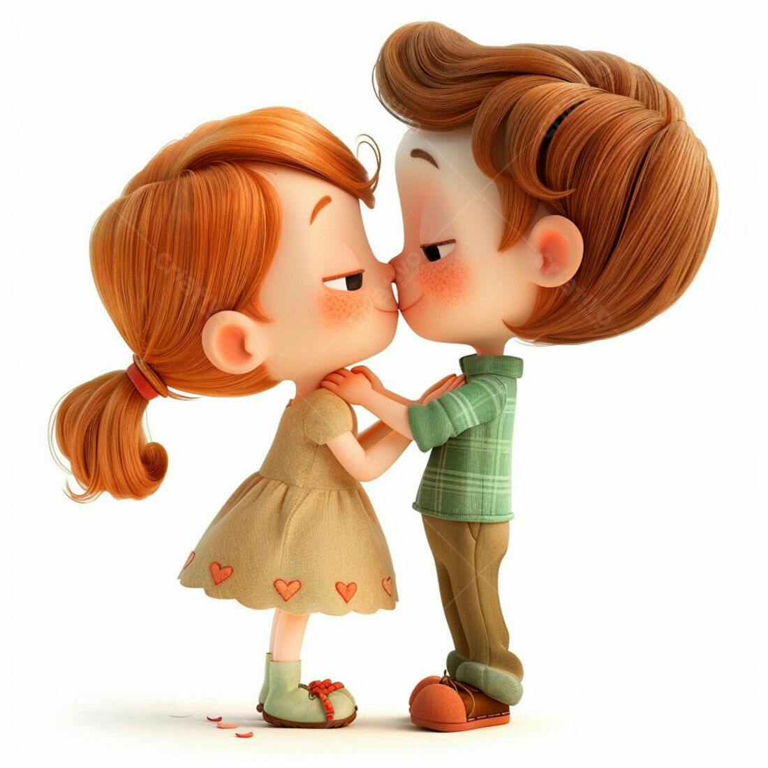 Casal de crianças se beijando desenho 3D