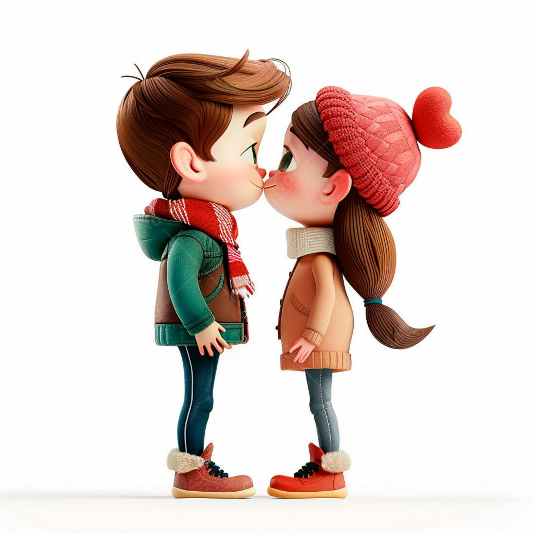 Casal de crianças prestes a se beijar no inverno