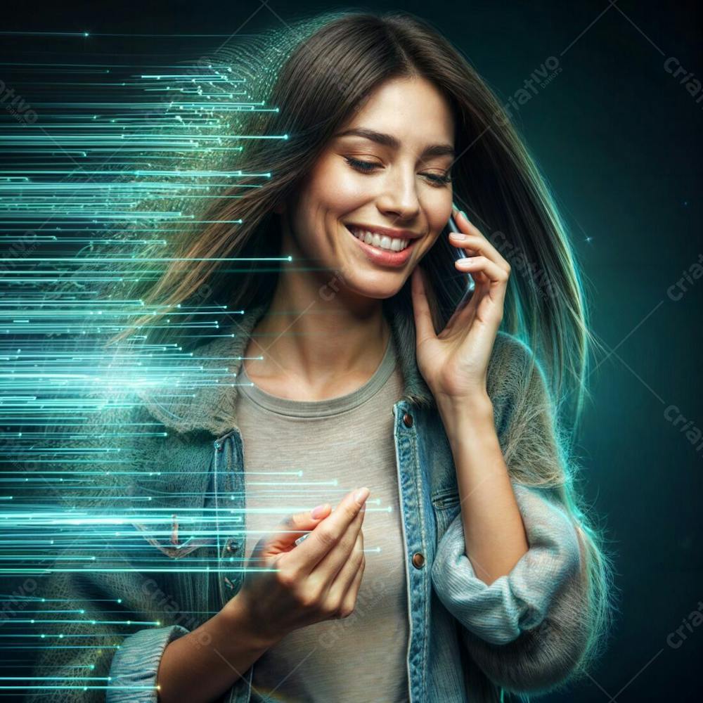 Composição De Uma Mulher Sorrindo Com Celular Na Mão Em Fundo Verde Escuro Composto De Fibra Óptica I.a