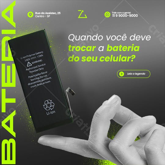 Postagem para Redes Sociais sobre Troca de Bateria de Celular PSD