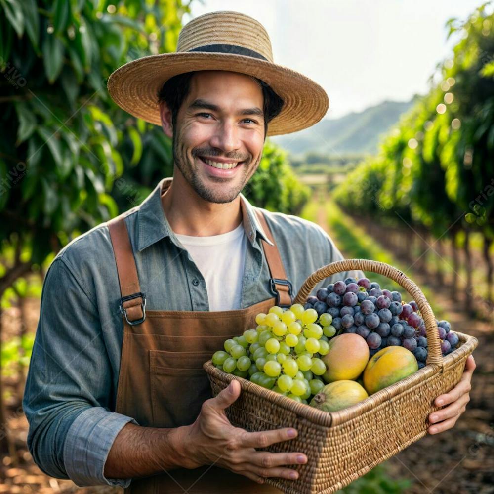 Composição De Um Fazendeiro Chapéu De Palha Mostrando Um Cesto De Palha, Com Uvas E Mangas I.a