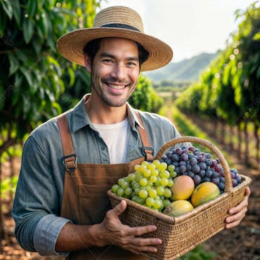 Composição de um fazendeiro chapéu de palha mostrando um cesto de palha, com uvas e mangas i.a