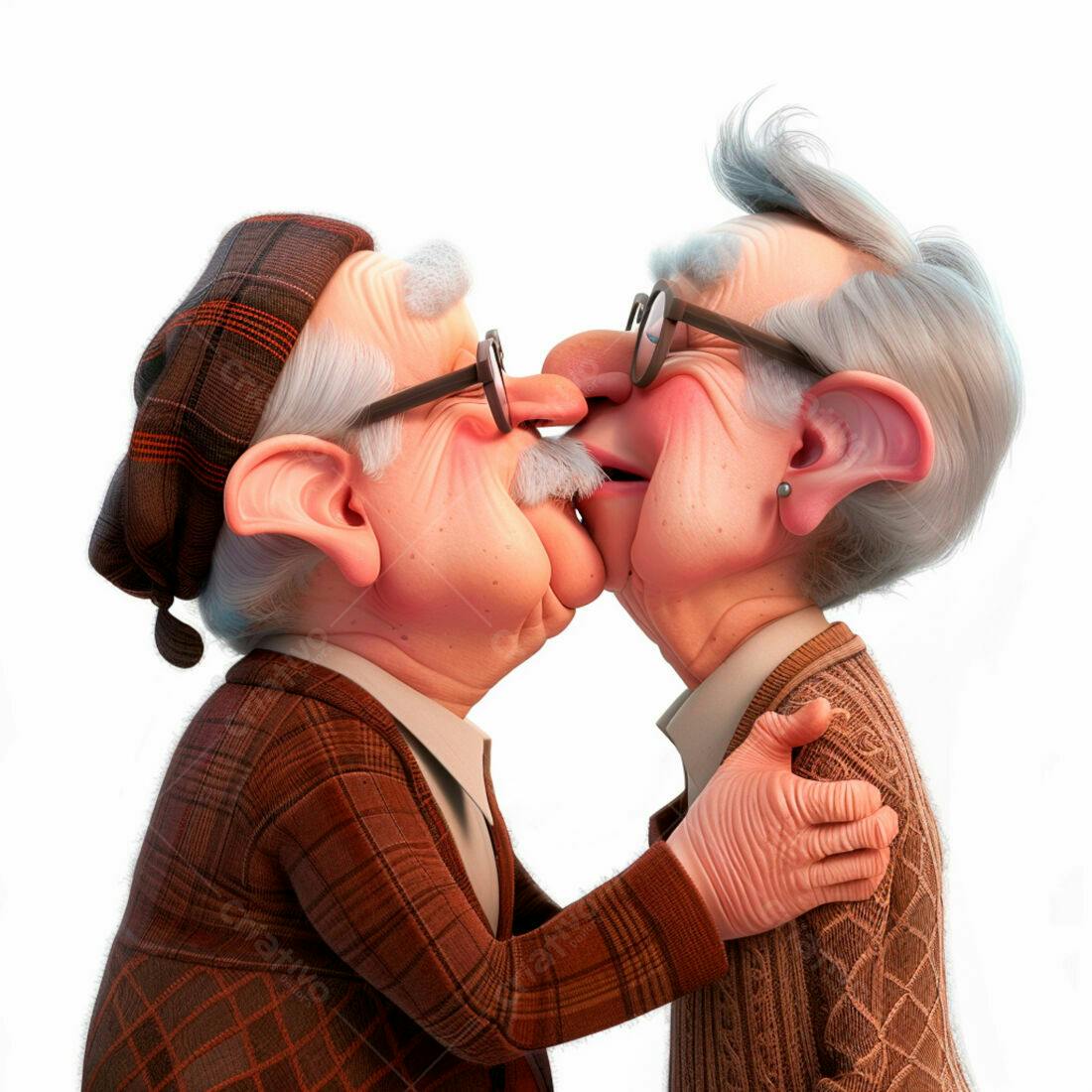 Casal de idosos se beijando carinhosamente