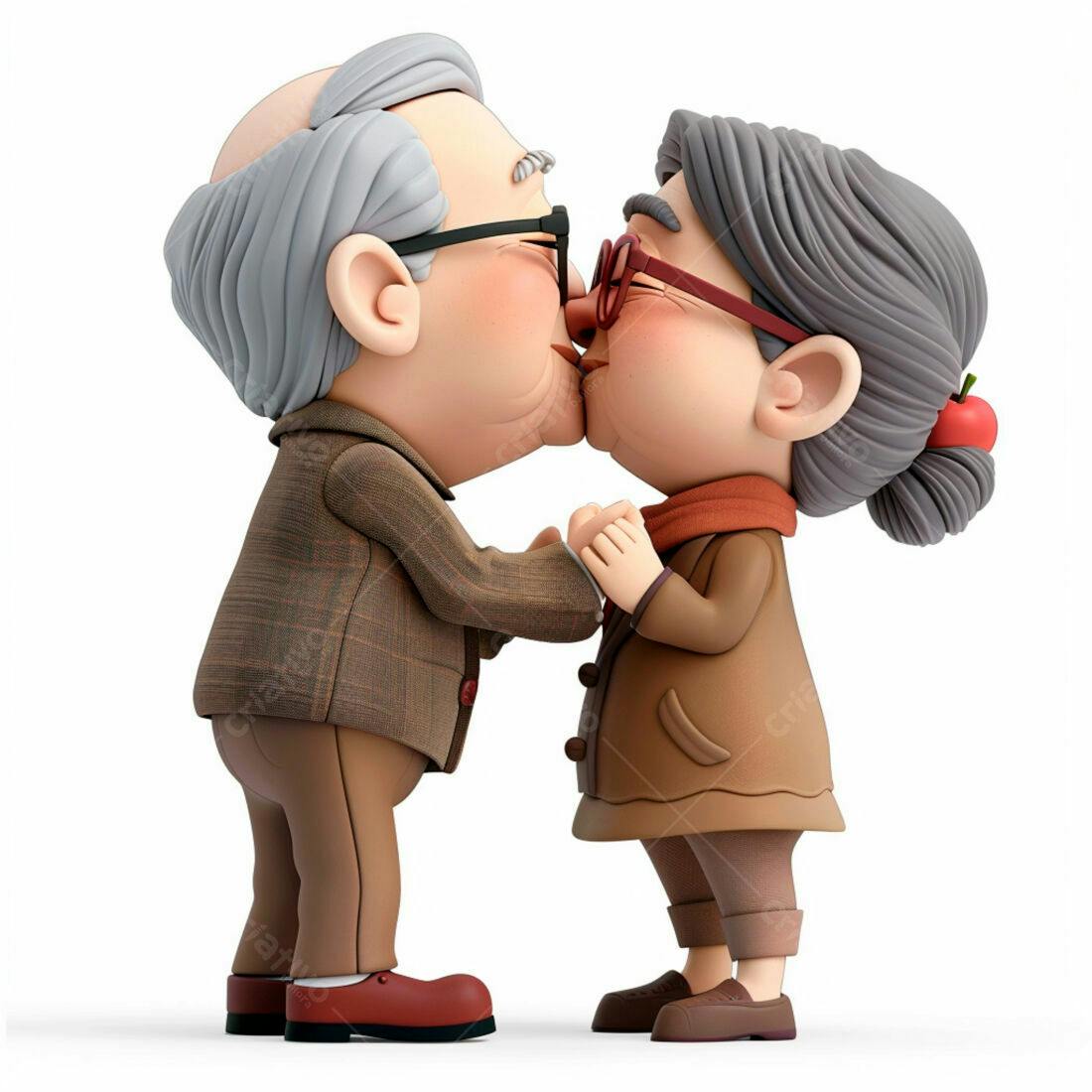 Casal de idosos se beijando em ilustração 3D