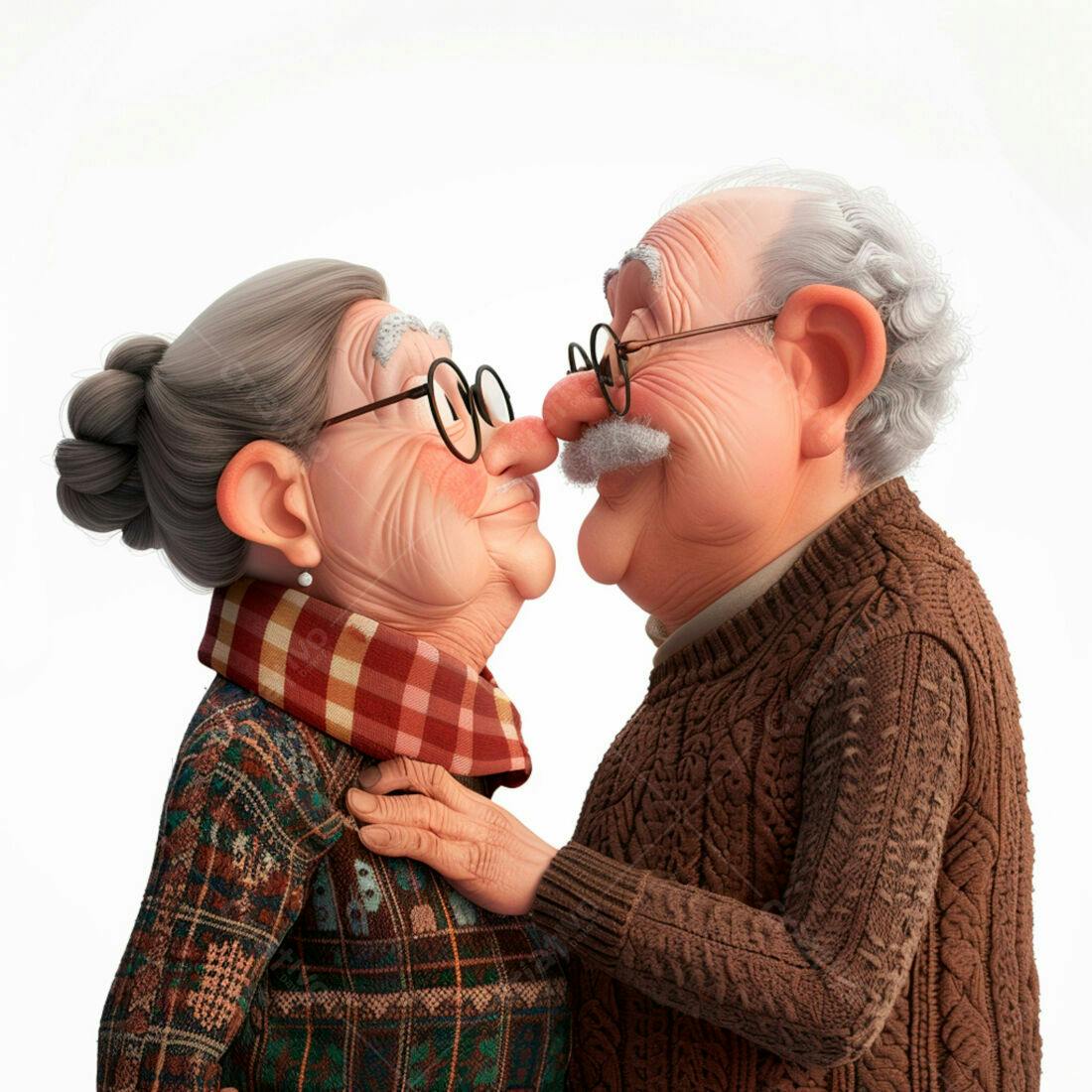 Casal idoso se beijando fundo branco