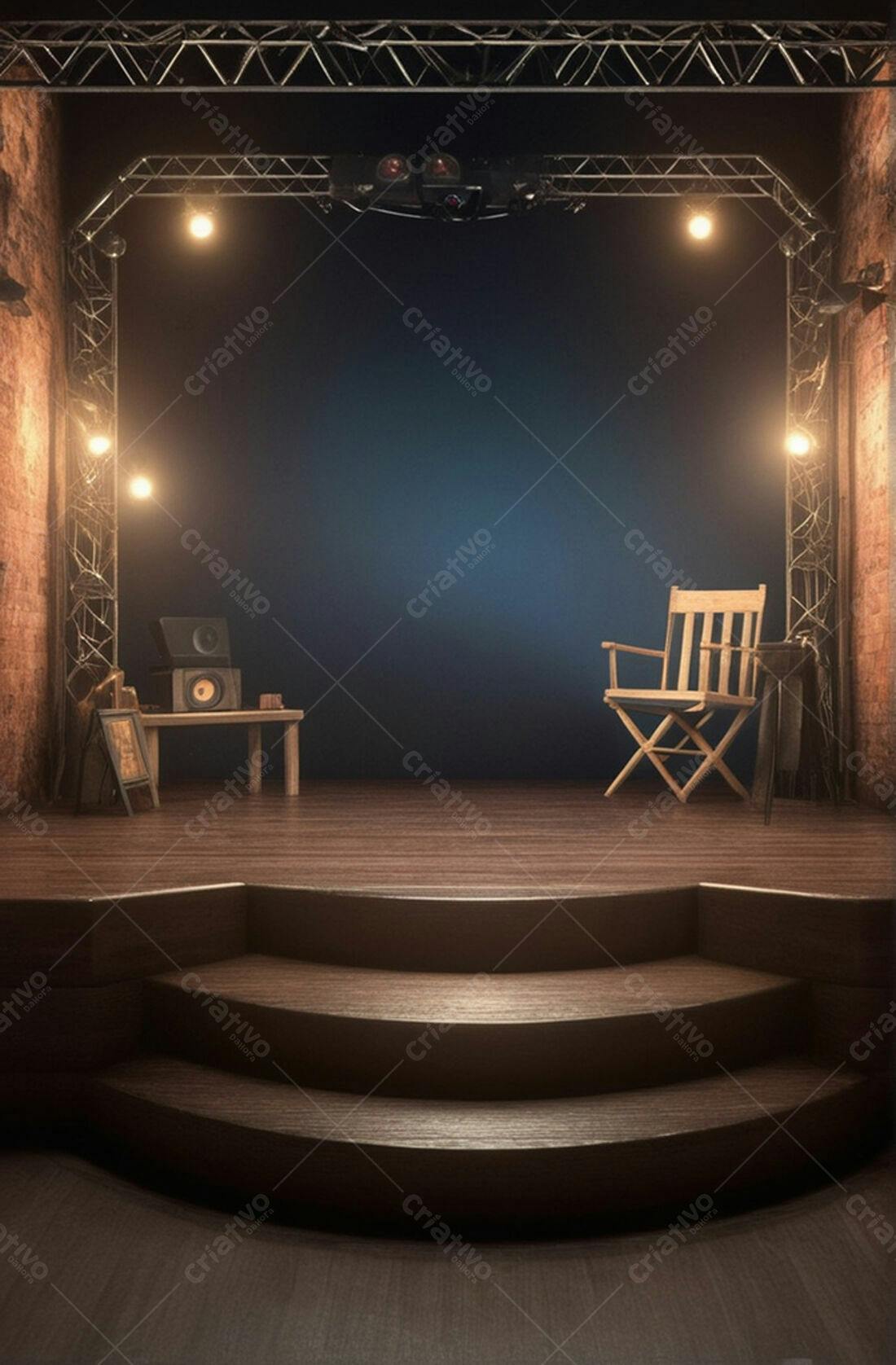 Palco de madeira com cadeira de diretor