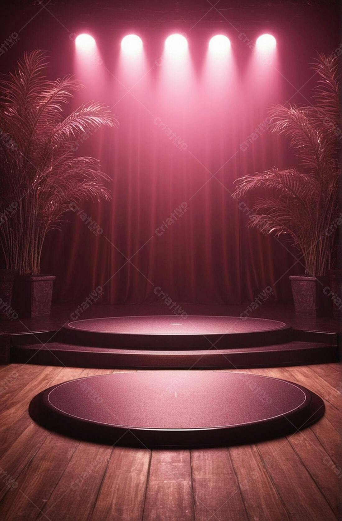 Palco com iluminação rosa e palmeiras