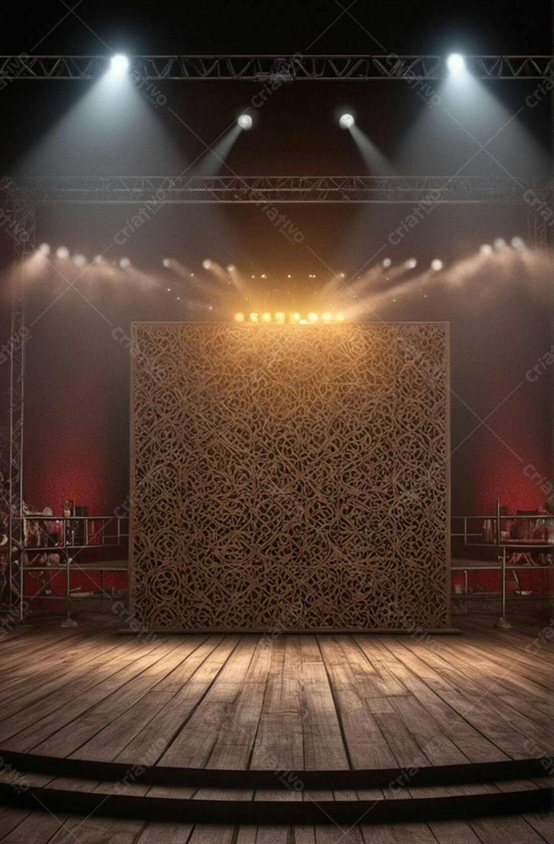 Palco de madeira com painel entalhado marrom