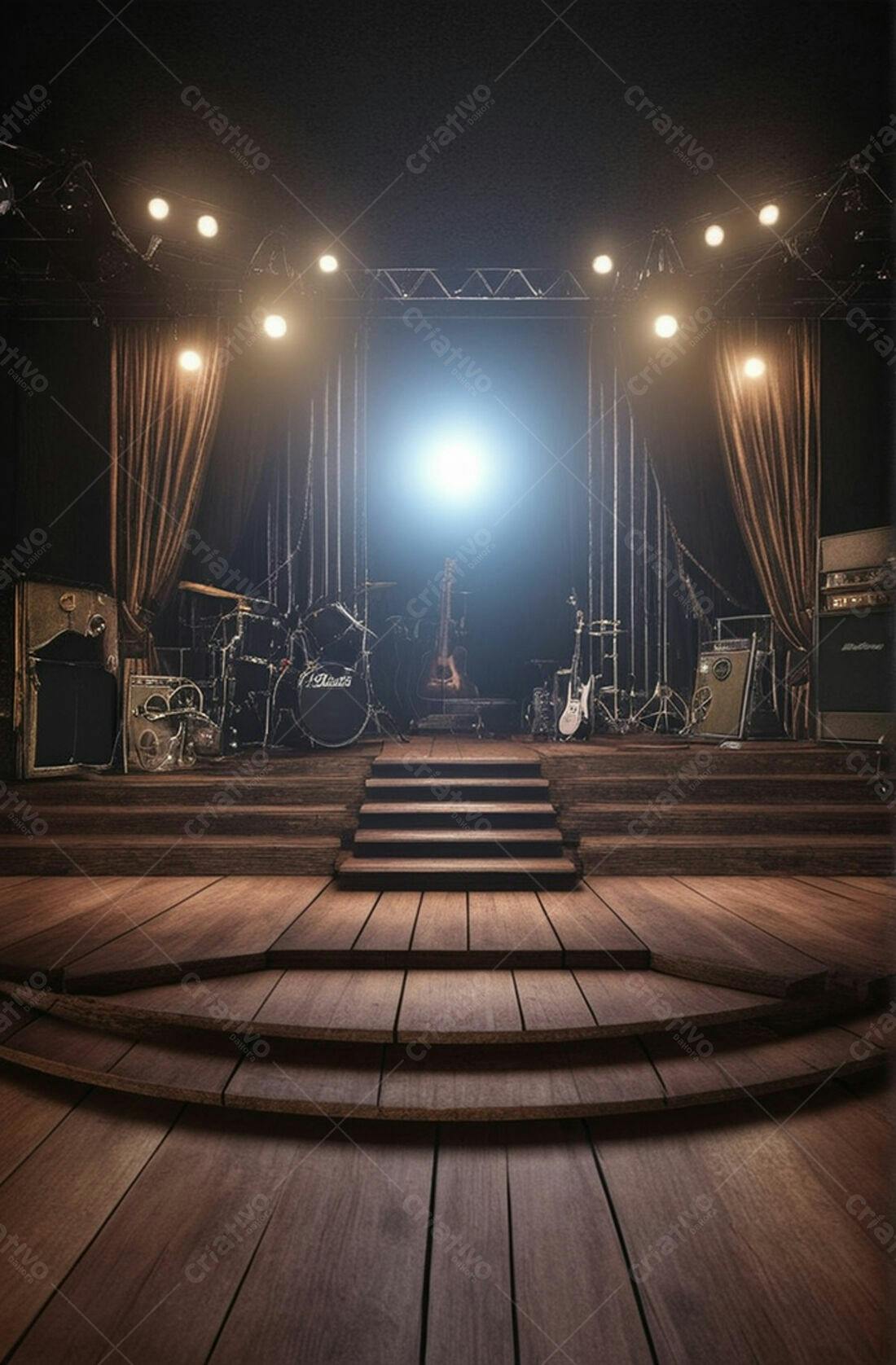 Palco de música com instrumentos e iluminação