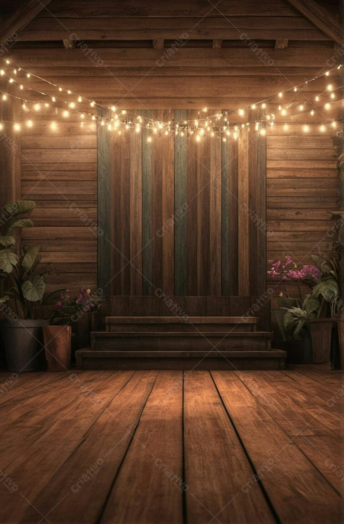 Cenário rústico com luzes de fadas