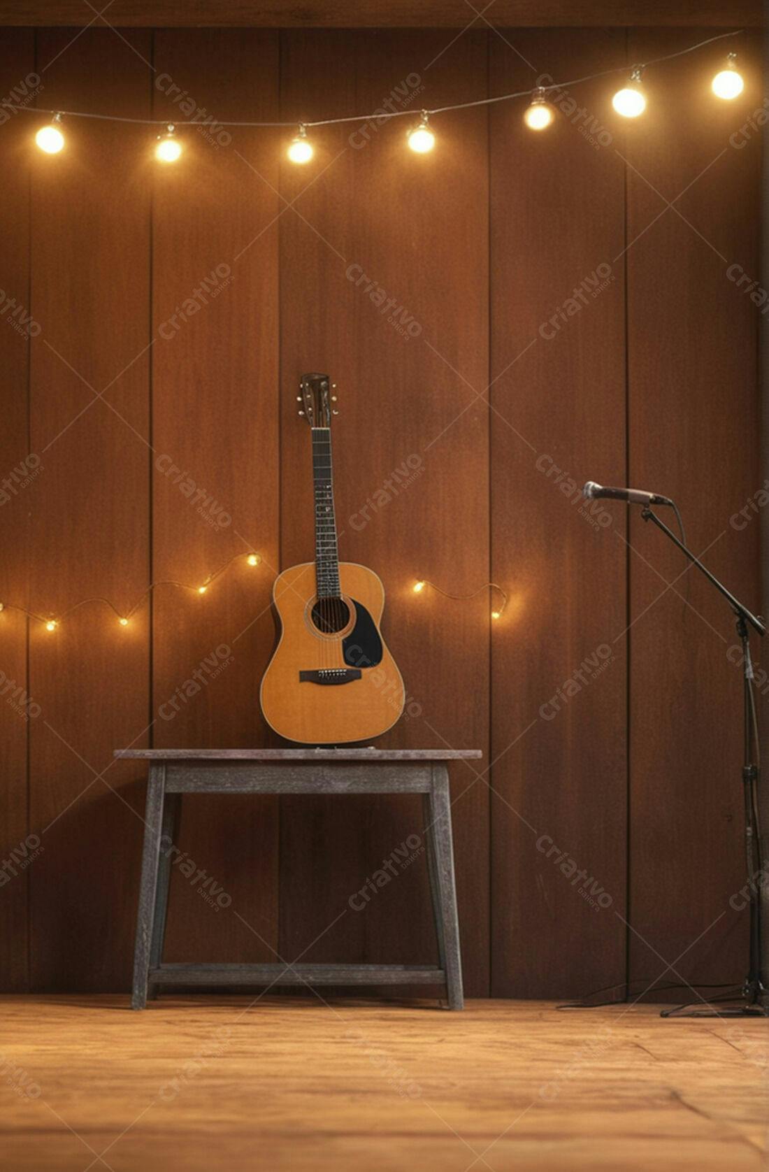 Violão acústico em palco de madeira com luzes