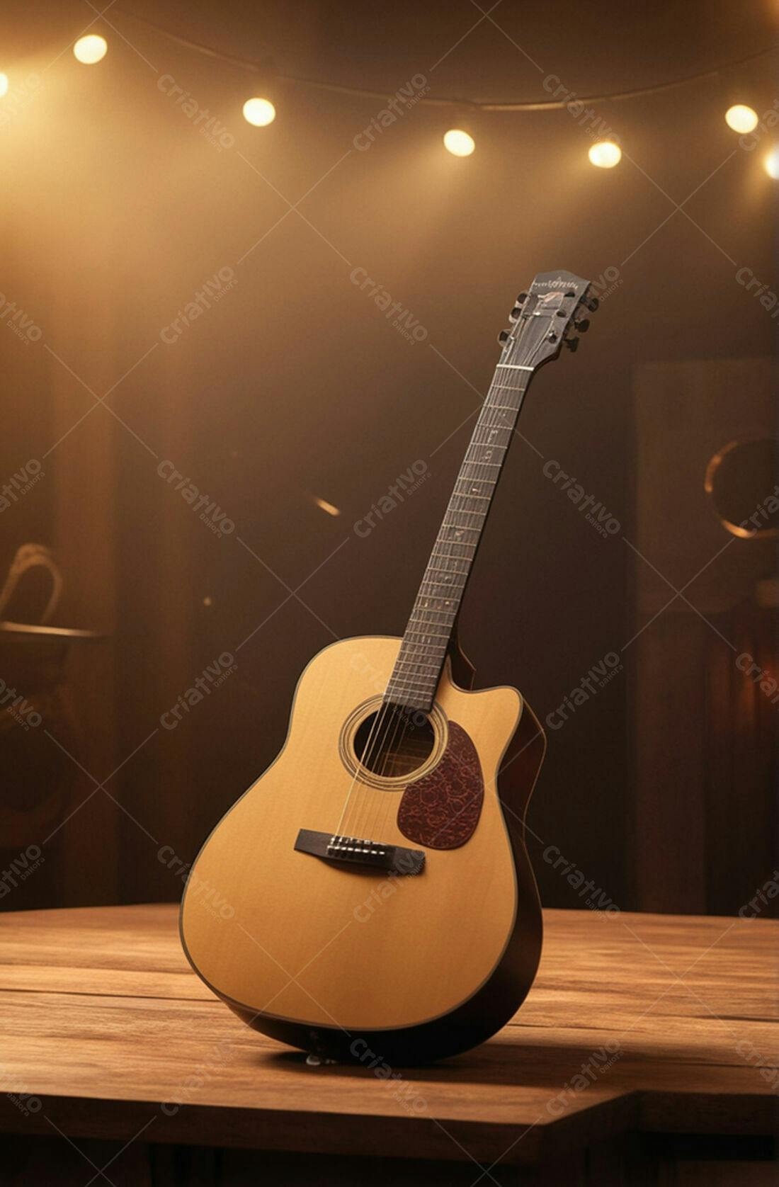Violão acústico em palco iluminado
