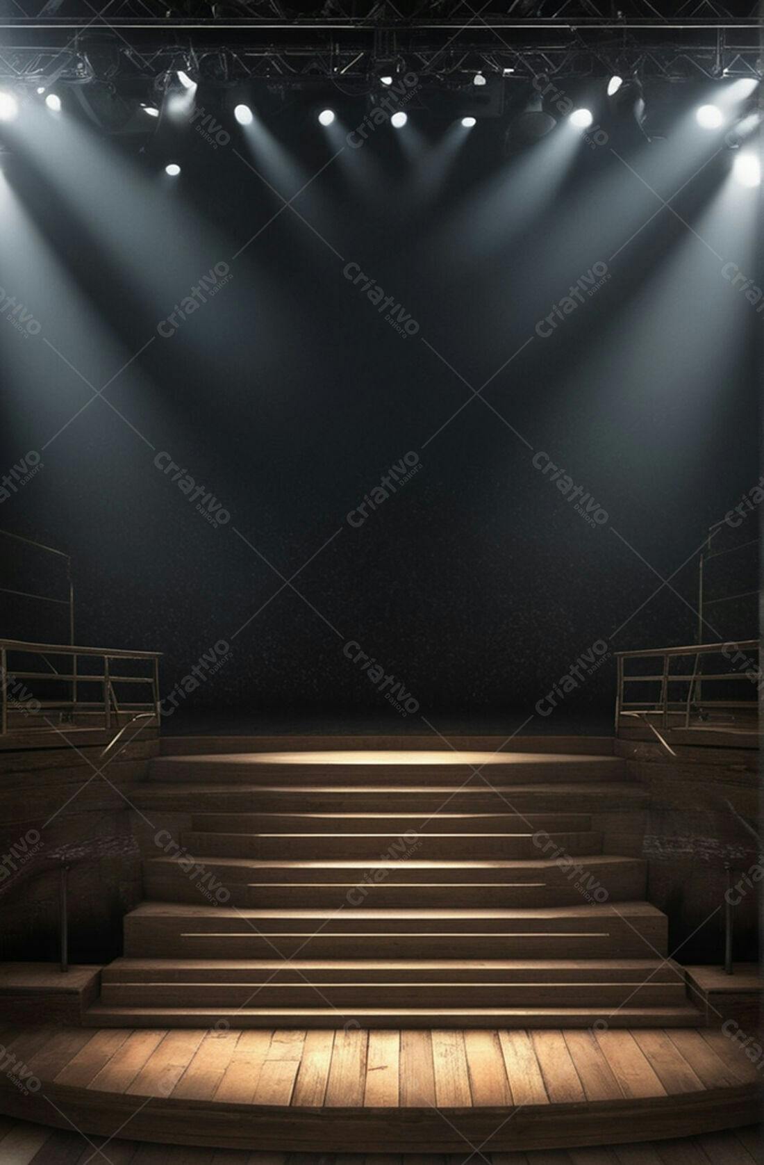 Palco de madeira iluminado com holofotes