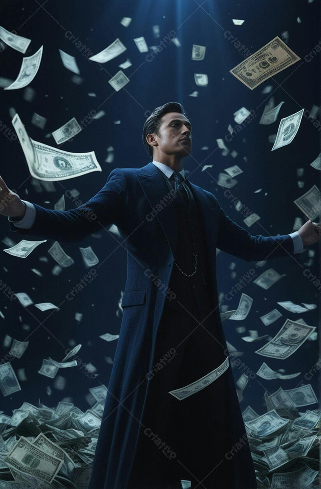 Homem de terno azul em chuva de dinheiro