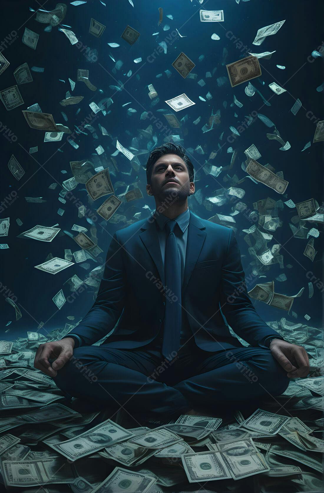 Homem meditando em meio a dinheiro