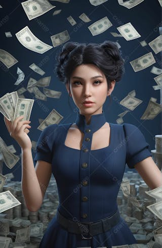 Mulher rodeada por notas de dinheiro em alta qualidade