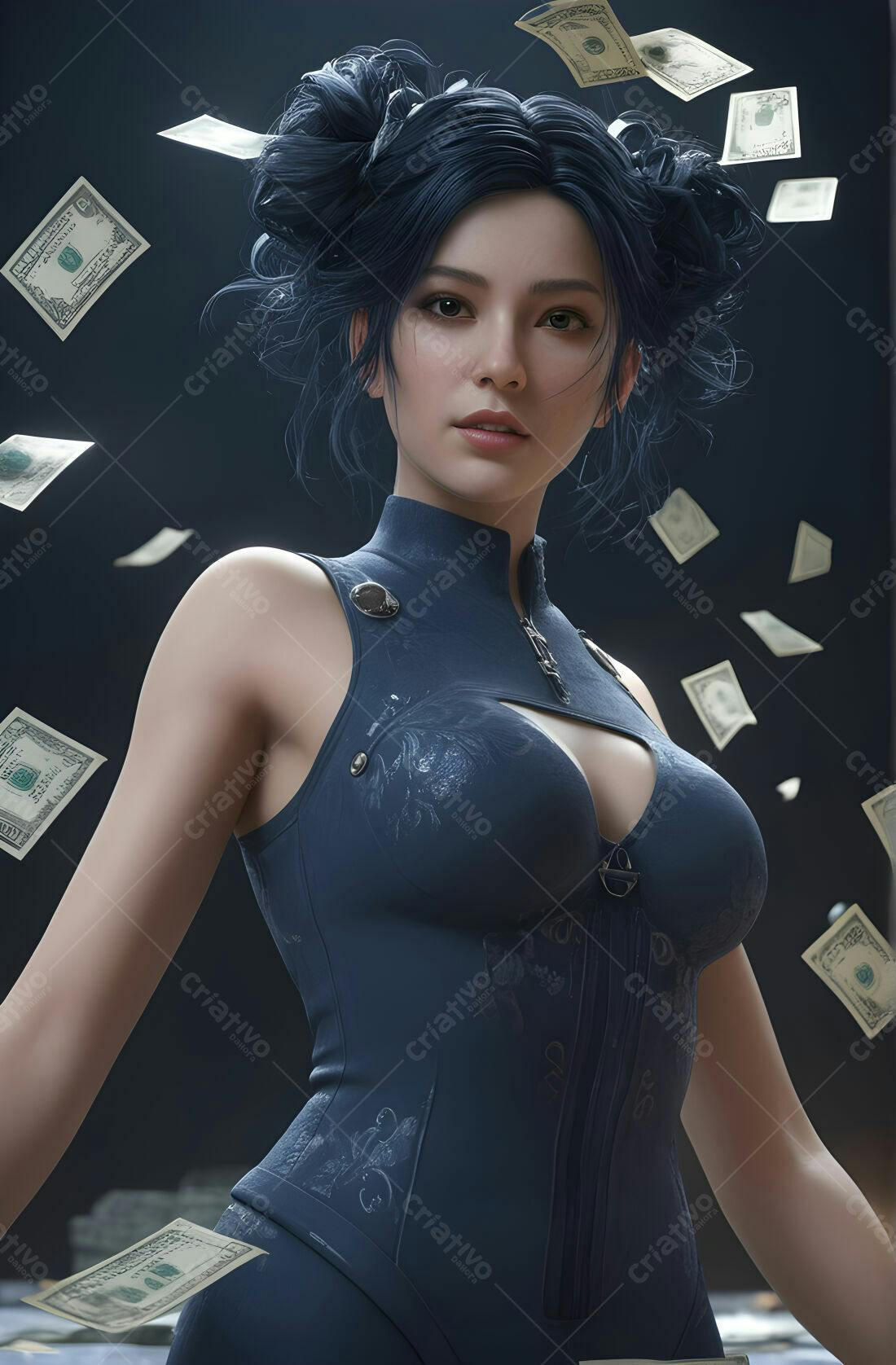 Modelo asiática em vestido azul com notas de dólar