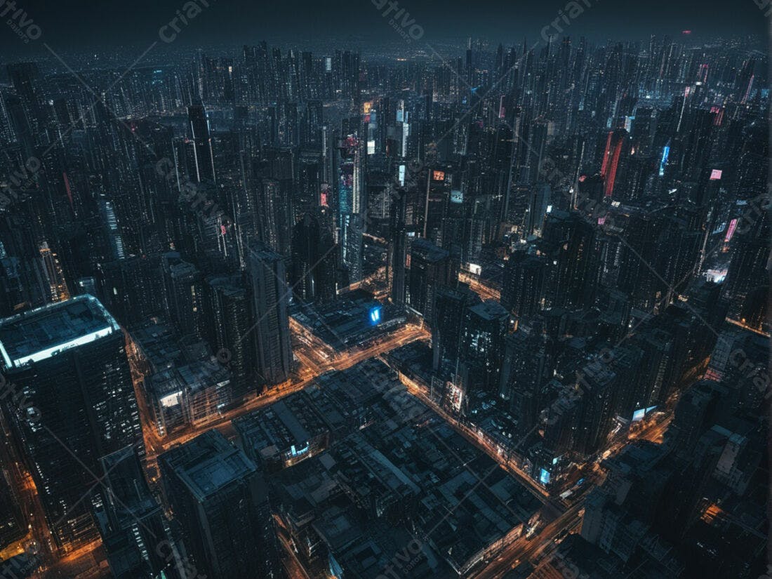 Metrópole noturna vista aérea prédios iluminados