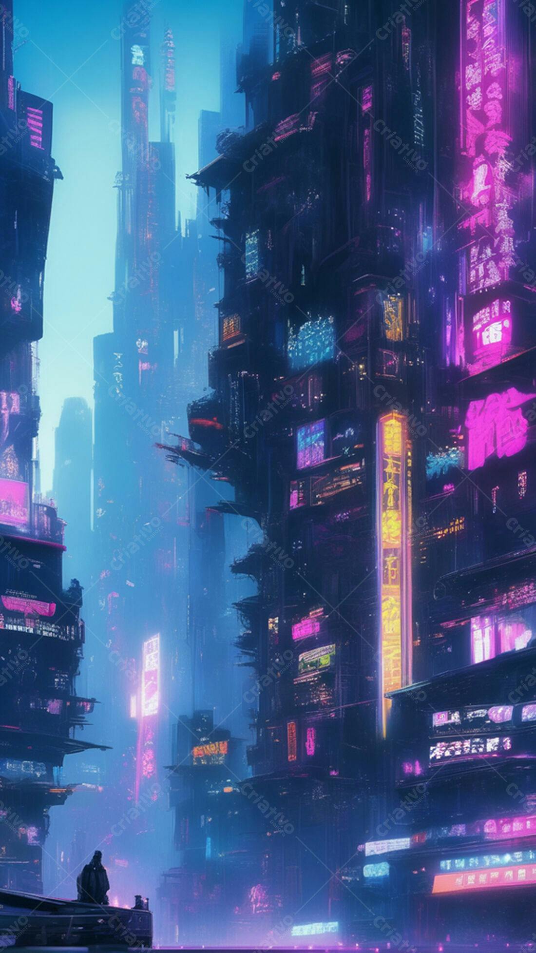 Cidade futurista noturna tons azuis e rosa