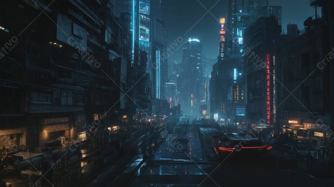 Cidade futurista noturna chuva neon