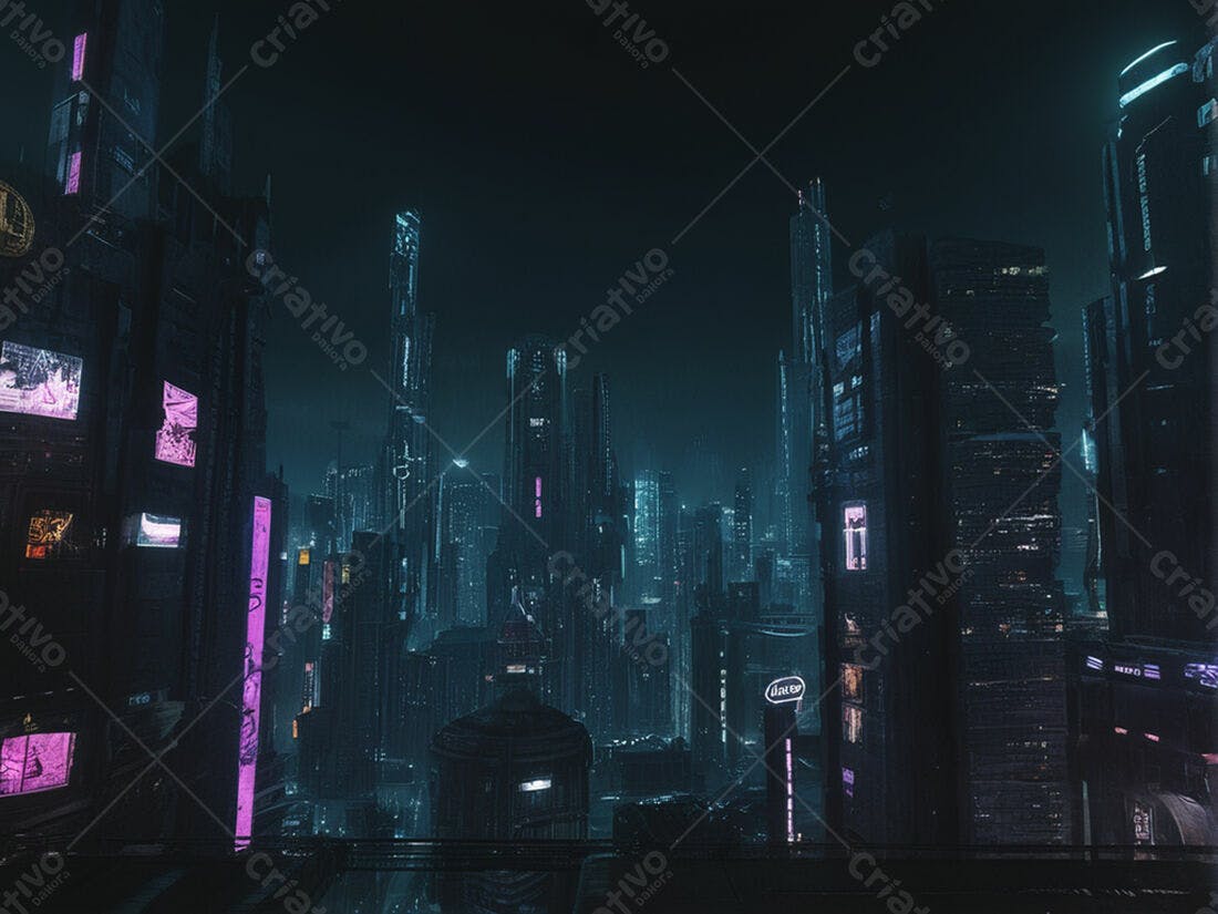 Cidade futurista noturna com prédios altos