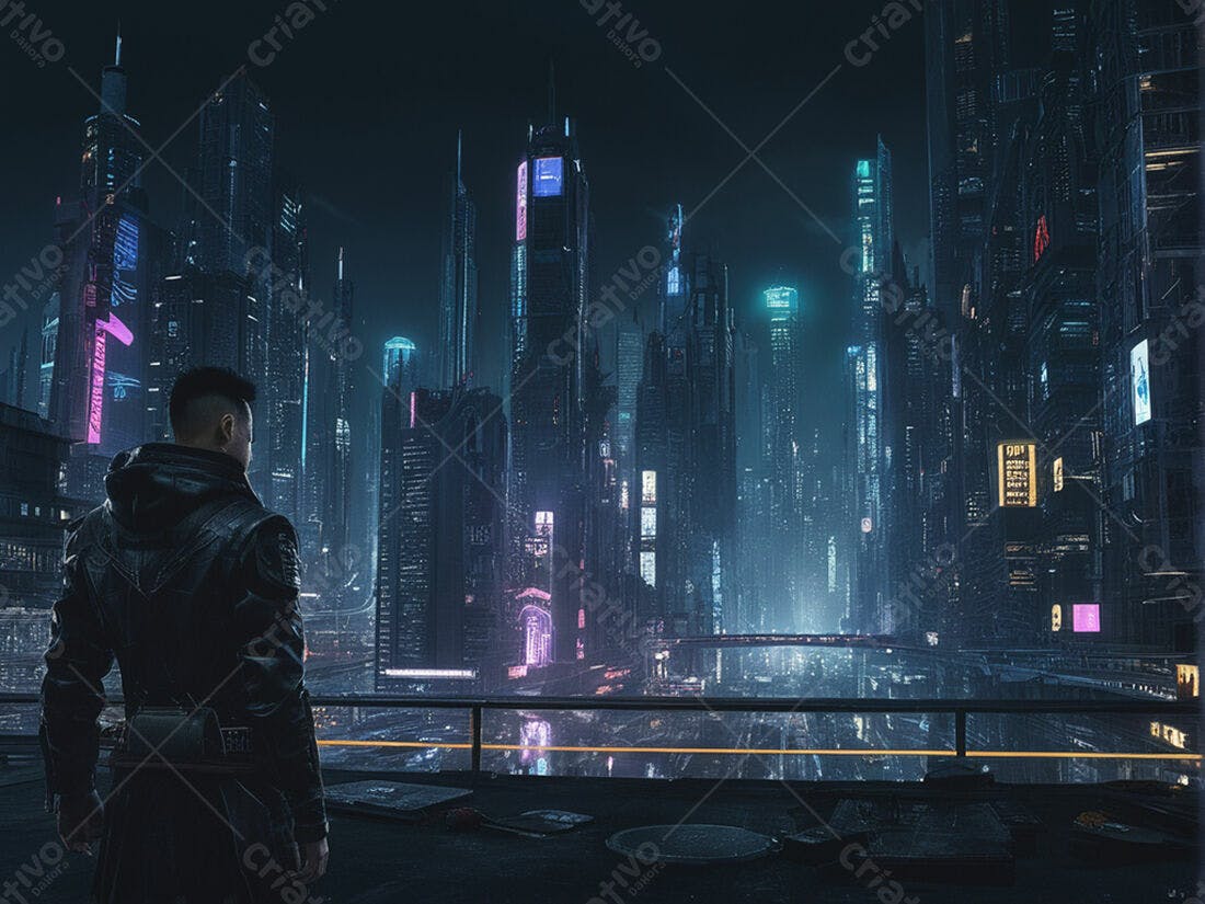Homem contemplando cidade futurista noturna