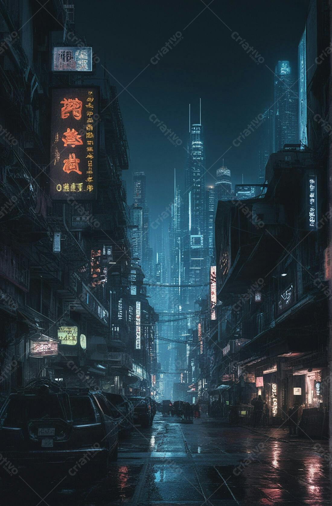 Rua futurista noturna com néon azul