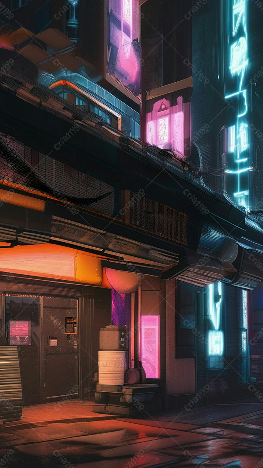Rua futurista noturna com luzes neon