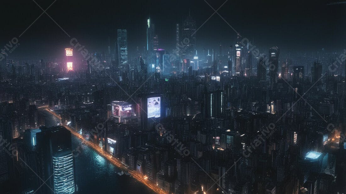 Metrópole Noturna futurista vista aérea