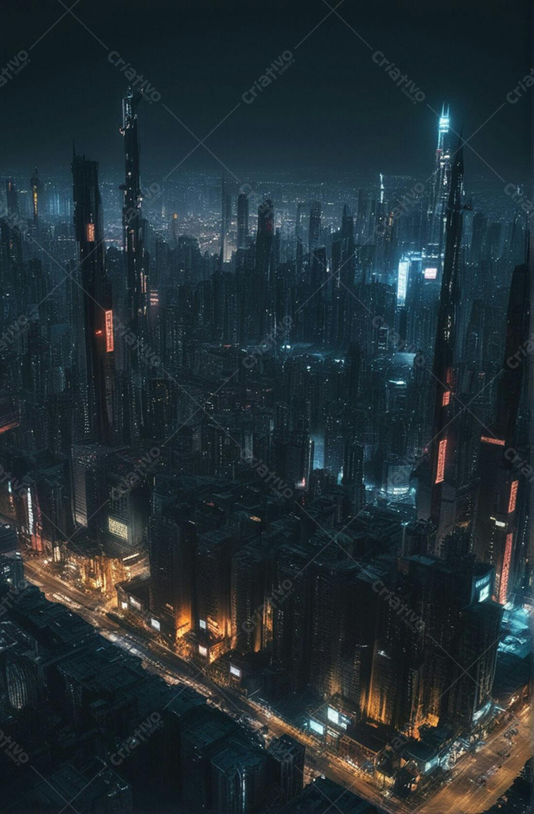 Metrópole futurista noturna vista aérea