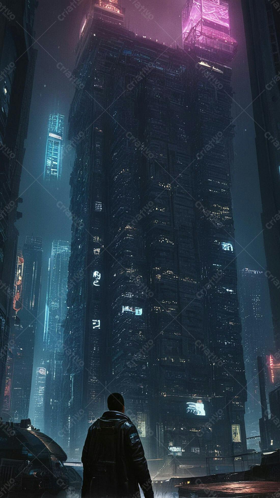Homem contemplando imponente arranha-céu futurista noturno