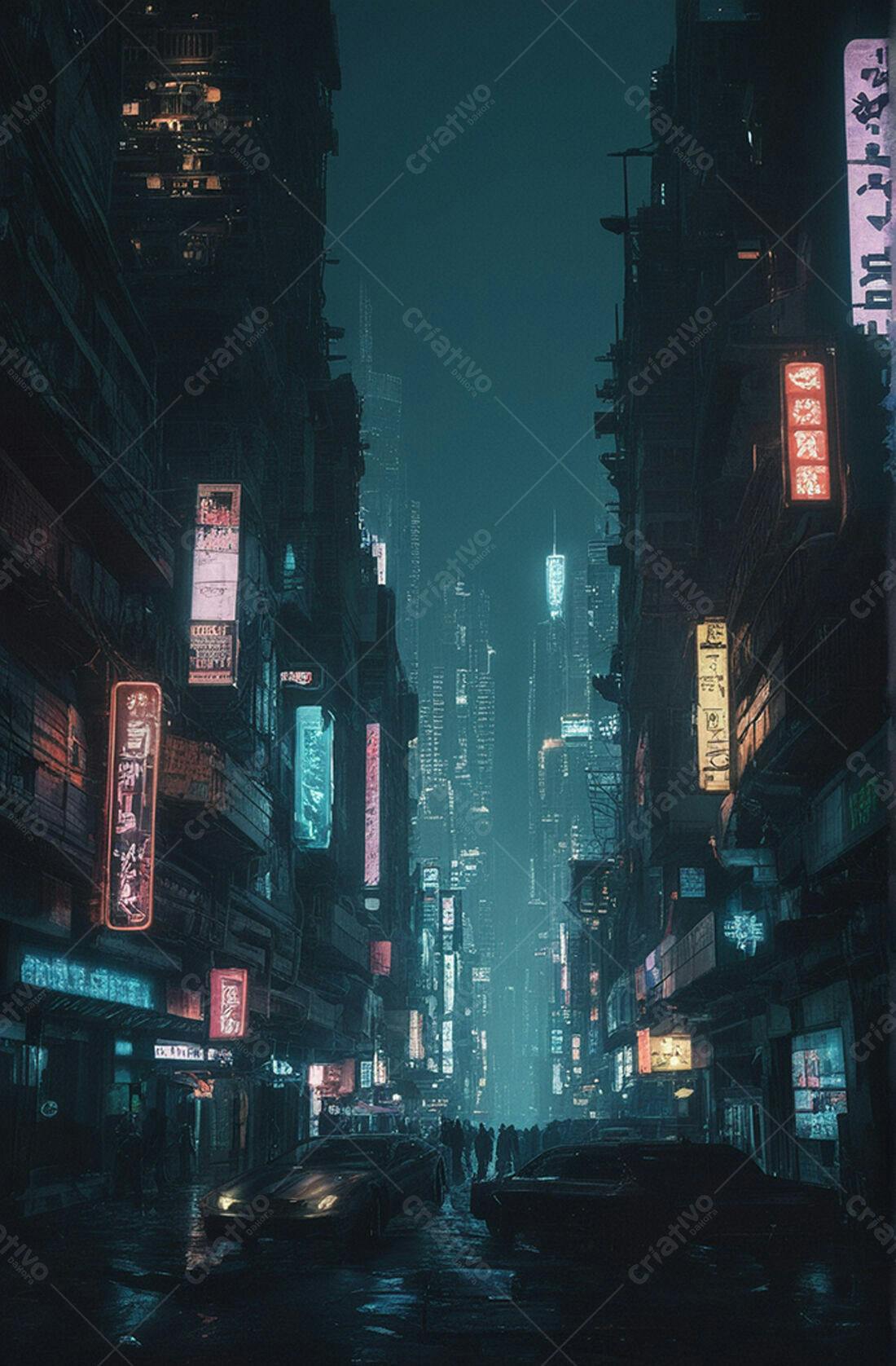 Rua futurista noturna com luzes neon